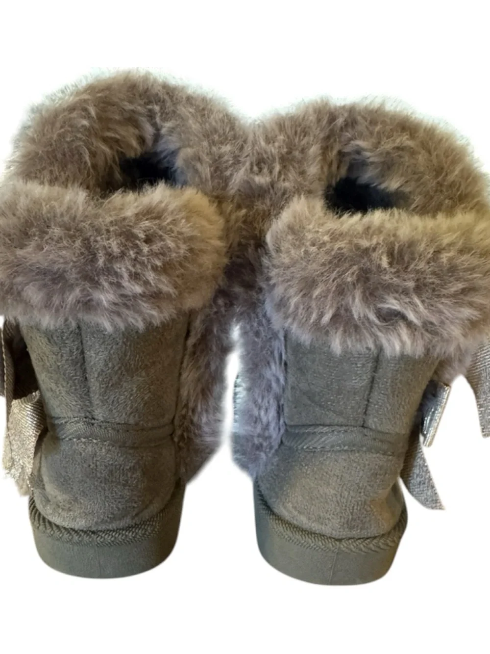 Kids Faux-Fur Trim Suede Booties with Decorative Bows - Gray